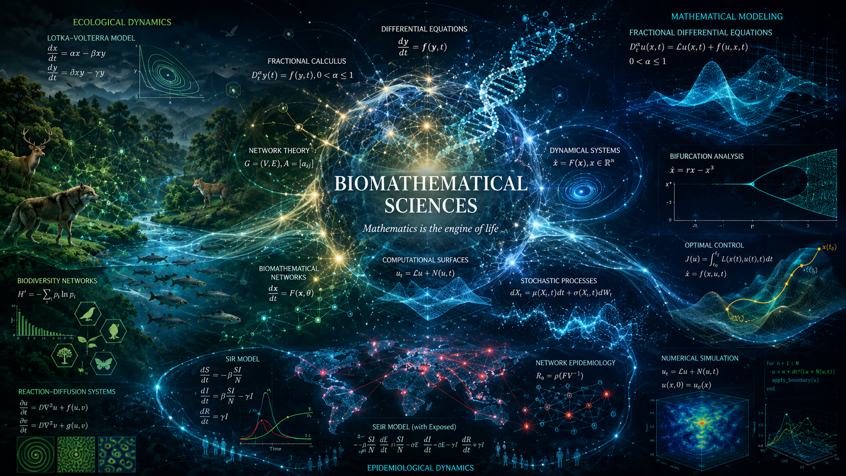 Biomathematics, Epidemiology, Ecology, Computational Biology, Systems Biology, Mathematical Modeling, Optimization, and Data Analysis.